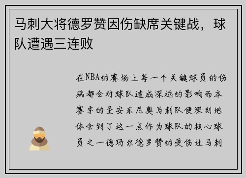 马刺大将德罗赞因伤缺席关键战，球队遭遇三连败