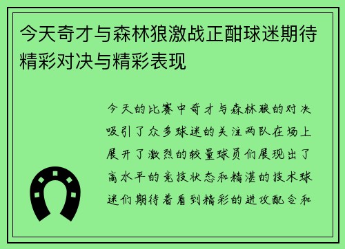 今天奇才与森林狼激战正酣球迷期待精彩对决与精彩表现